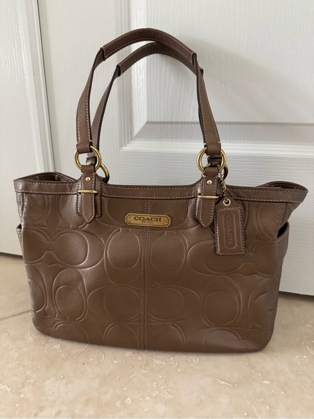 COACH Brown Embossed Signature Leather Shoulder Bag